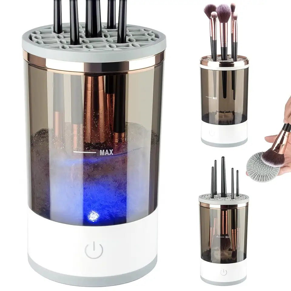 Makeup brush cleaner with LED light and multiple brush holders on a white background