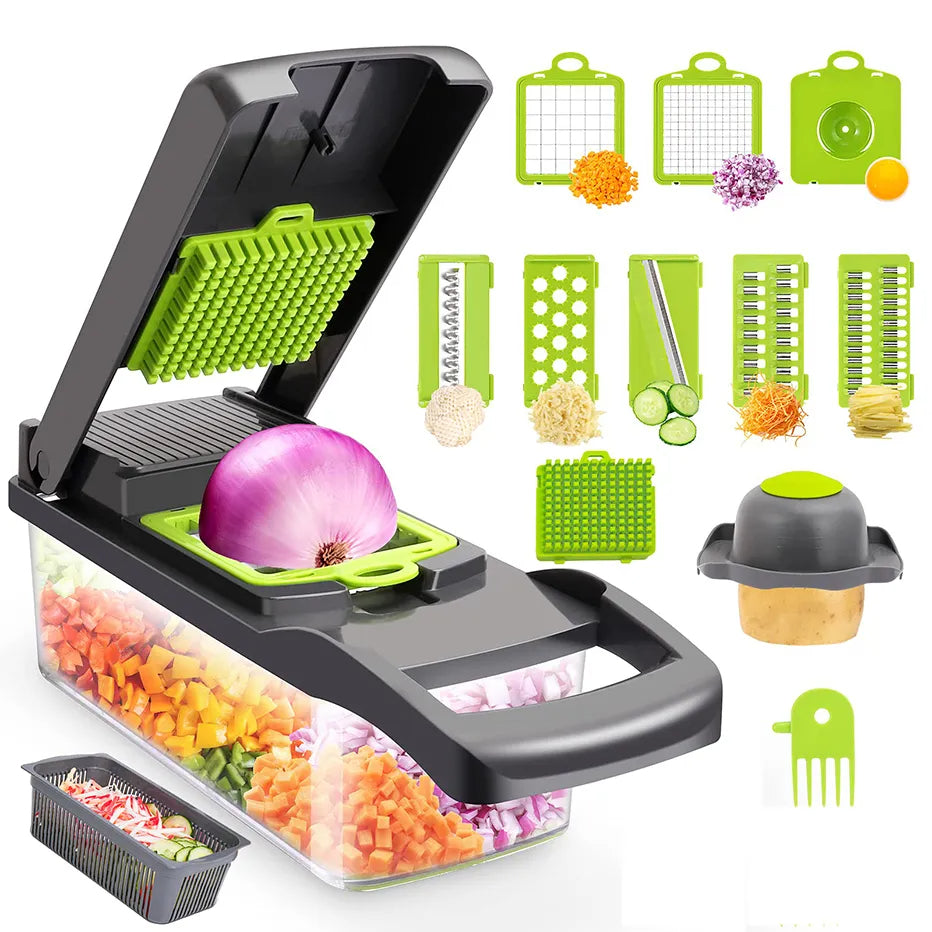 12-in-1 Multi-Function Vegetable Chopper & Slicer (All-in-One Dicer, Grater with Drain Basket)