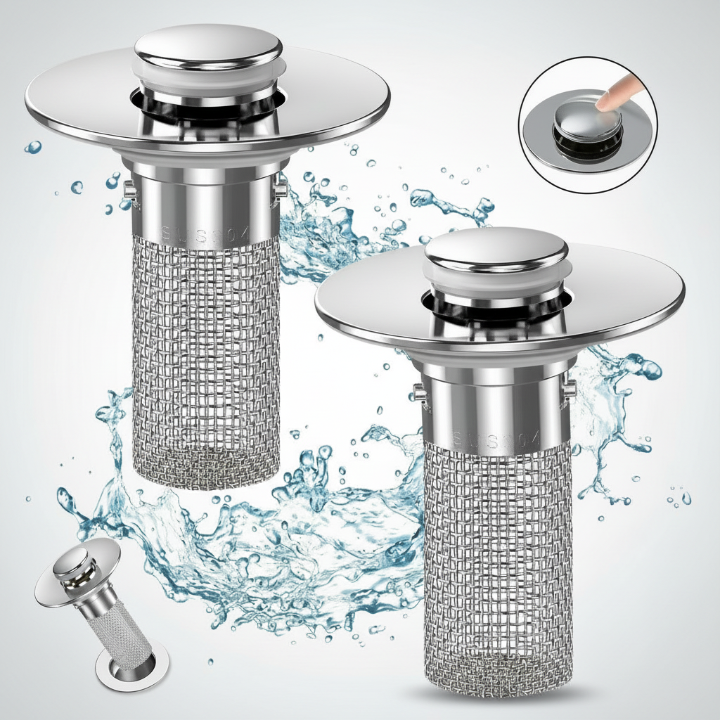 Two silver sink drain covers with mesh filters and water splashes on a white background