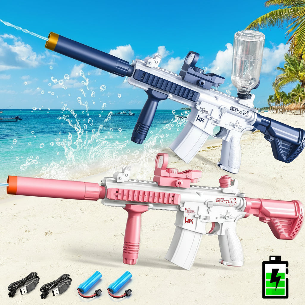 Two water guns, one blue and one pink, on a beach with ocean and palm trees in the background.
