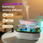 Raindrop aroma diffuser with simulated raindrops, natural white noise, and essential oil aromatherapy on a blurred background.