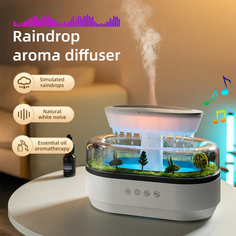 Raindrop aroma diffuser with simulated raindrops, natural white noise, and essential oil aromatherapy on a blurred background.