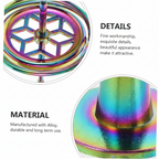 Multicolored metal spinner with detailed close-ups and text about material and details.