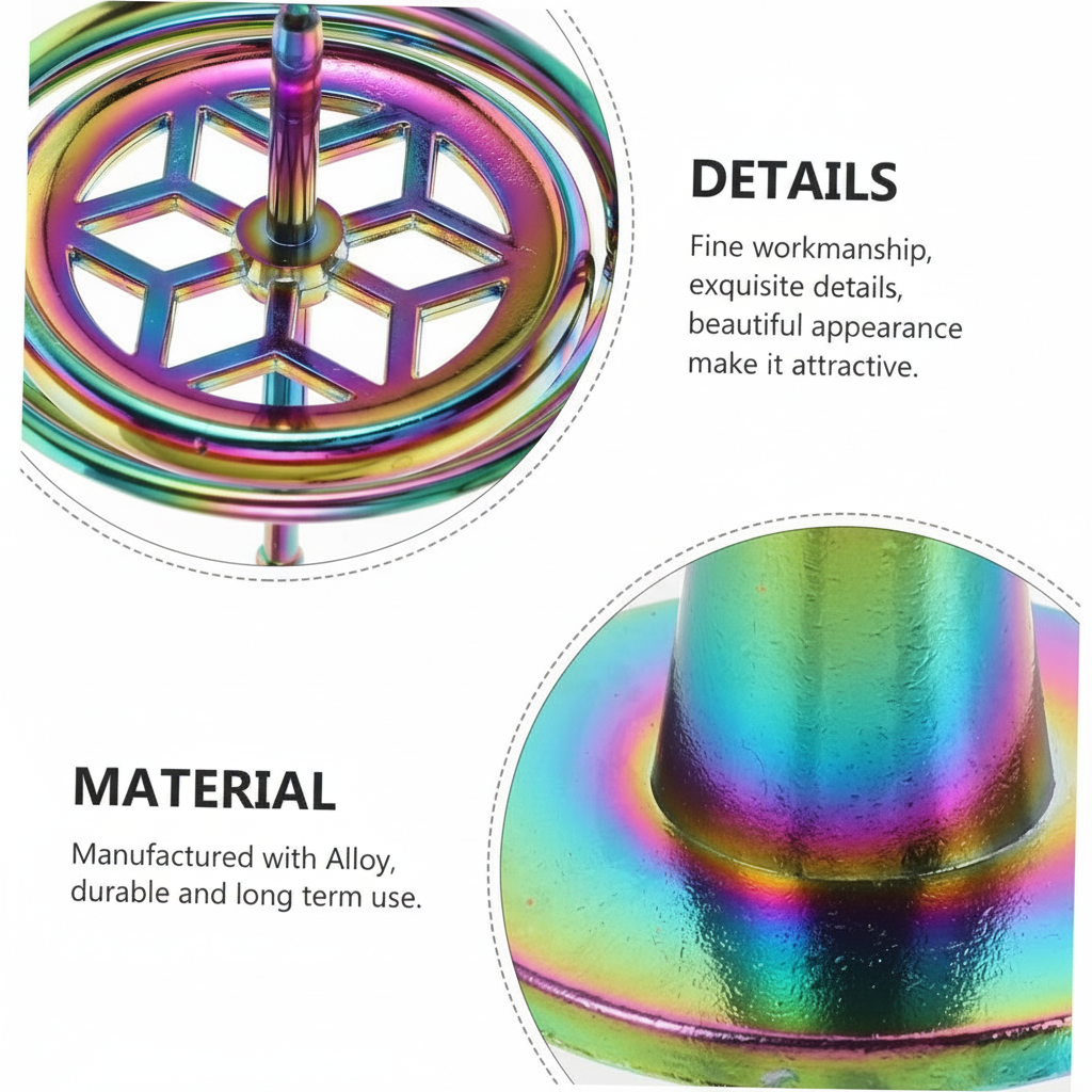 Multicolored metal spinner with detailed close-ups and text about material and details.