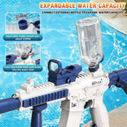 Water gun with expandable water capacity feature on a pool background