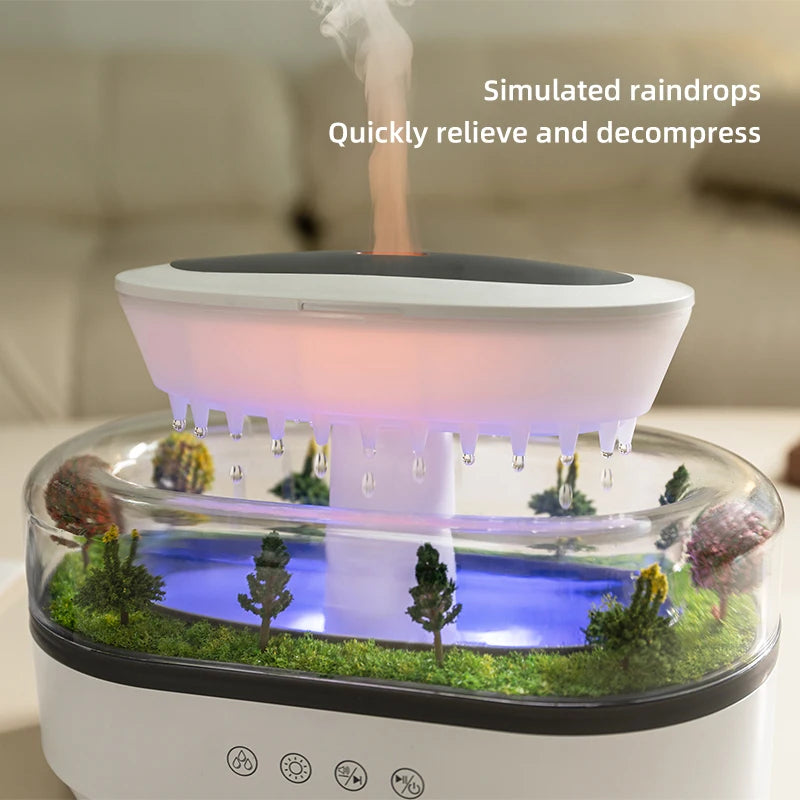 Humidifier with simulated raindrop feature and indoor garden display.