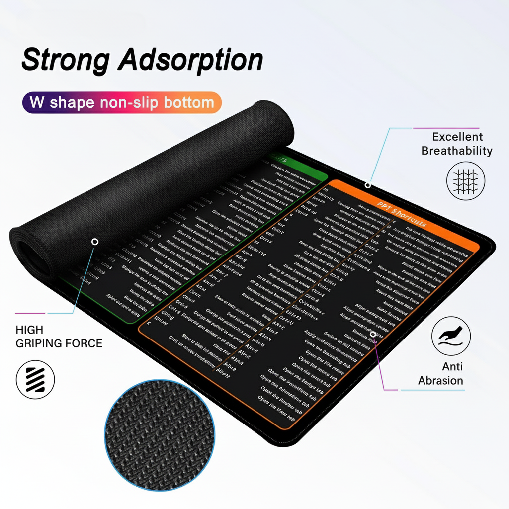 Black mat with text and graphics highlighting features on a white background