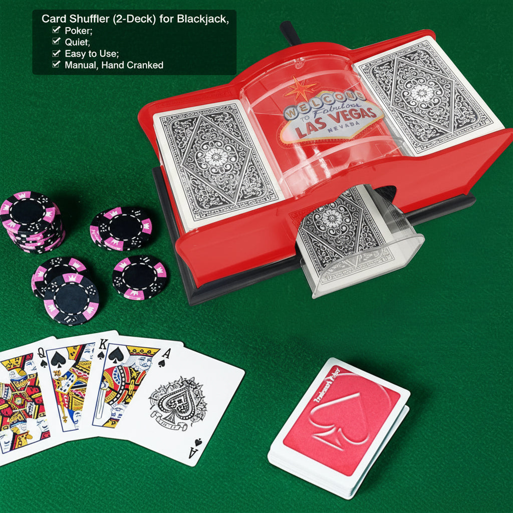 Card shuffler with playing cards and poker chips on a green surface