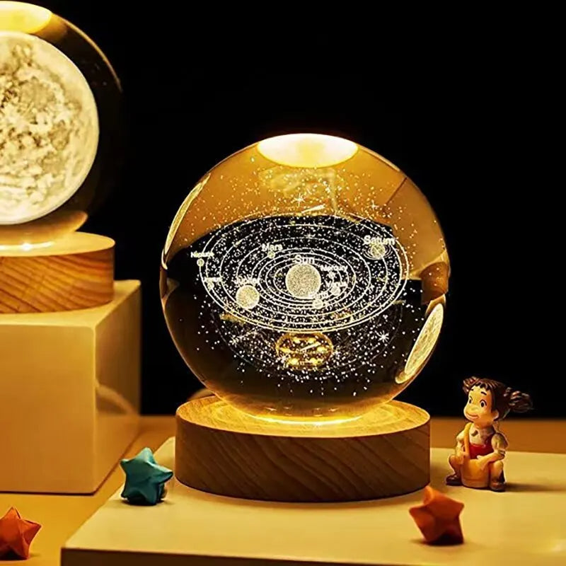 3D Luminous LED Crystal Ball (Galaxy & Solar System Design - Luxury Night Light)