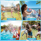 Collage of people playing with water guns in various outdoor settings.