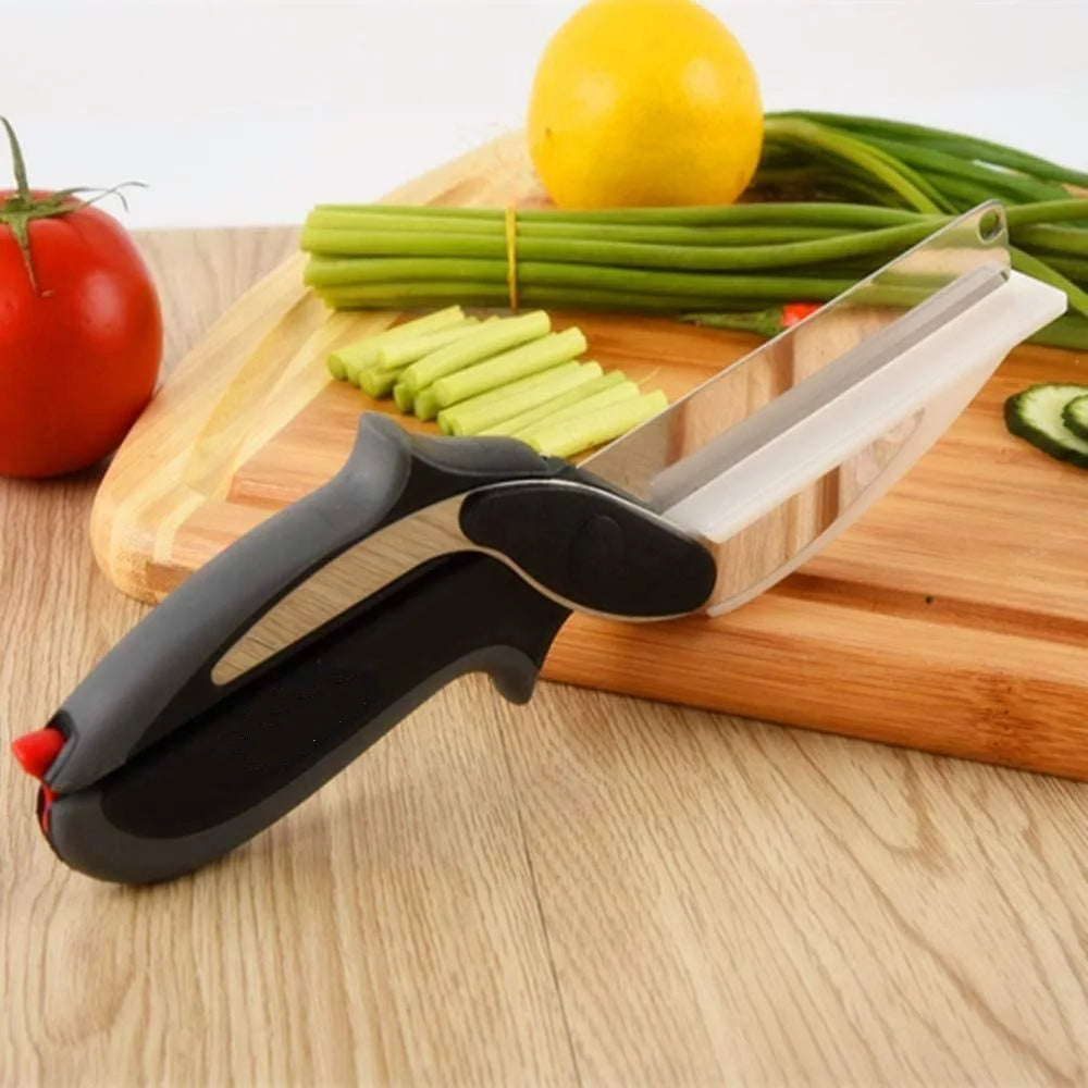 2-in-1 Smart Food Chopper Scissors (Stainless Steel Blade & Integrated Cutting Board)