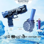 Electric water gun with large capacity water storage bin and battery on a blue water-themed background.