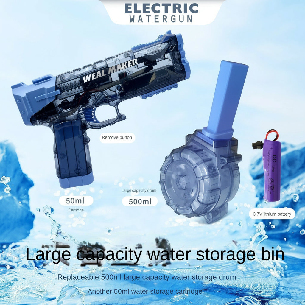 Electric water gun with large capacity water storage bin and battery on a blue water-themed background.