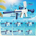 Diagram of a water gun with labeled parts on a blue background