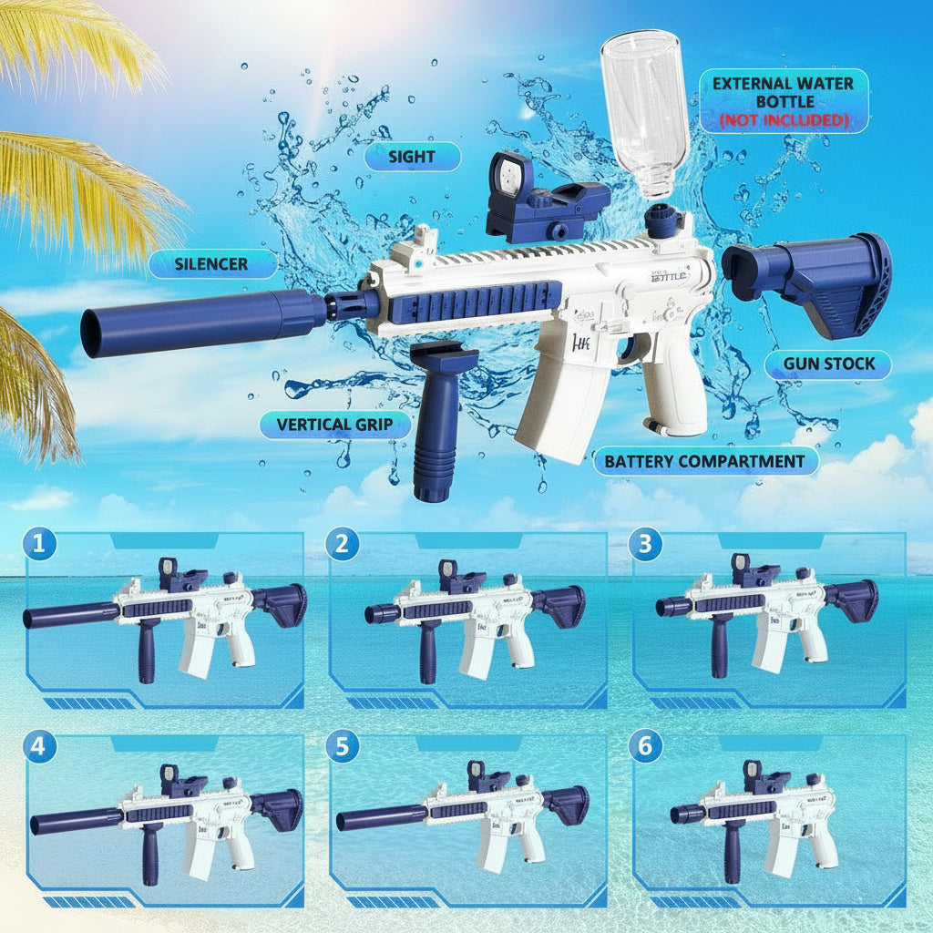 Diagram of a water gun with labeled parts on a blue background