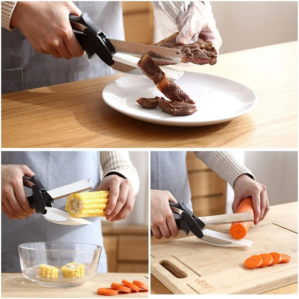 2-in-1 Smart Food Chopper Scissors (Stainless Steel Blade & Integrated Cutting Board)