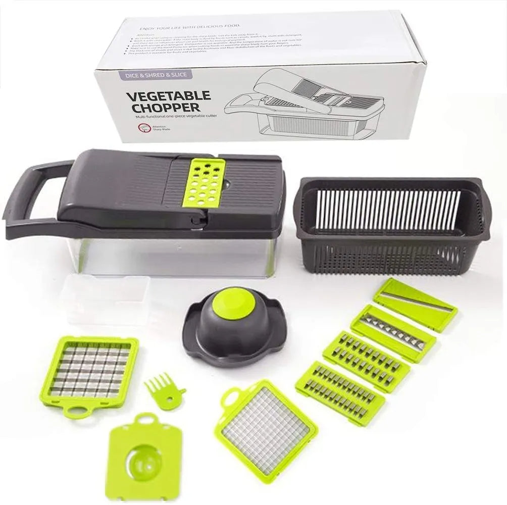 12-in-1 Multi-Function Vegetable Chopper & Slicer (All-in-One Dicer, Grater with Drain Basket)