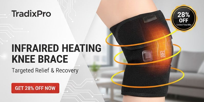 Infrared heating knee brace with promotional text and discount offer on a blurred indoor background.